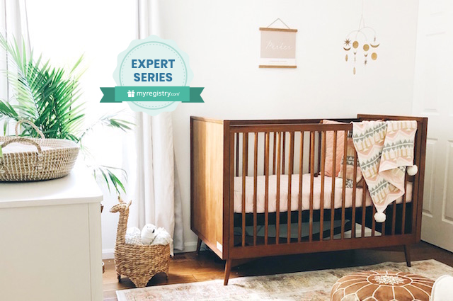 Cómo planear una habitación para bebé con seguridad, a brown crib inside a white nursery with the expert series and MyRegistry logos.